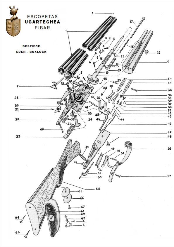 Boxlock action, exploded view.